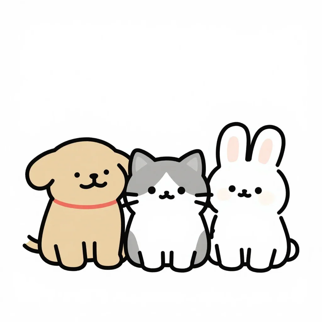 どうぶつなかよし（犬・猫・うさぎ）の塗り絵の見本