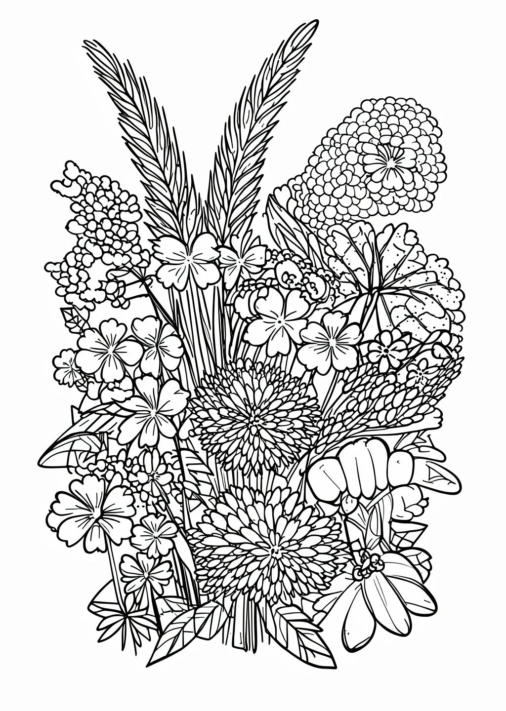秋の七草の花束の塗り絵（こまかい）