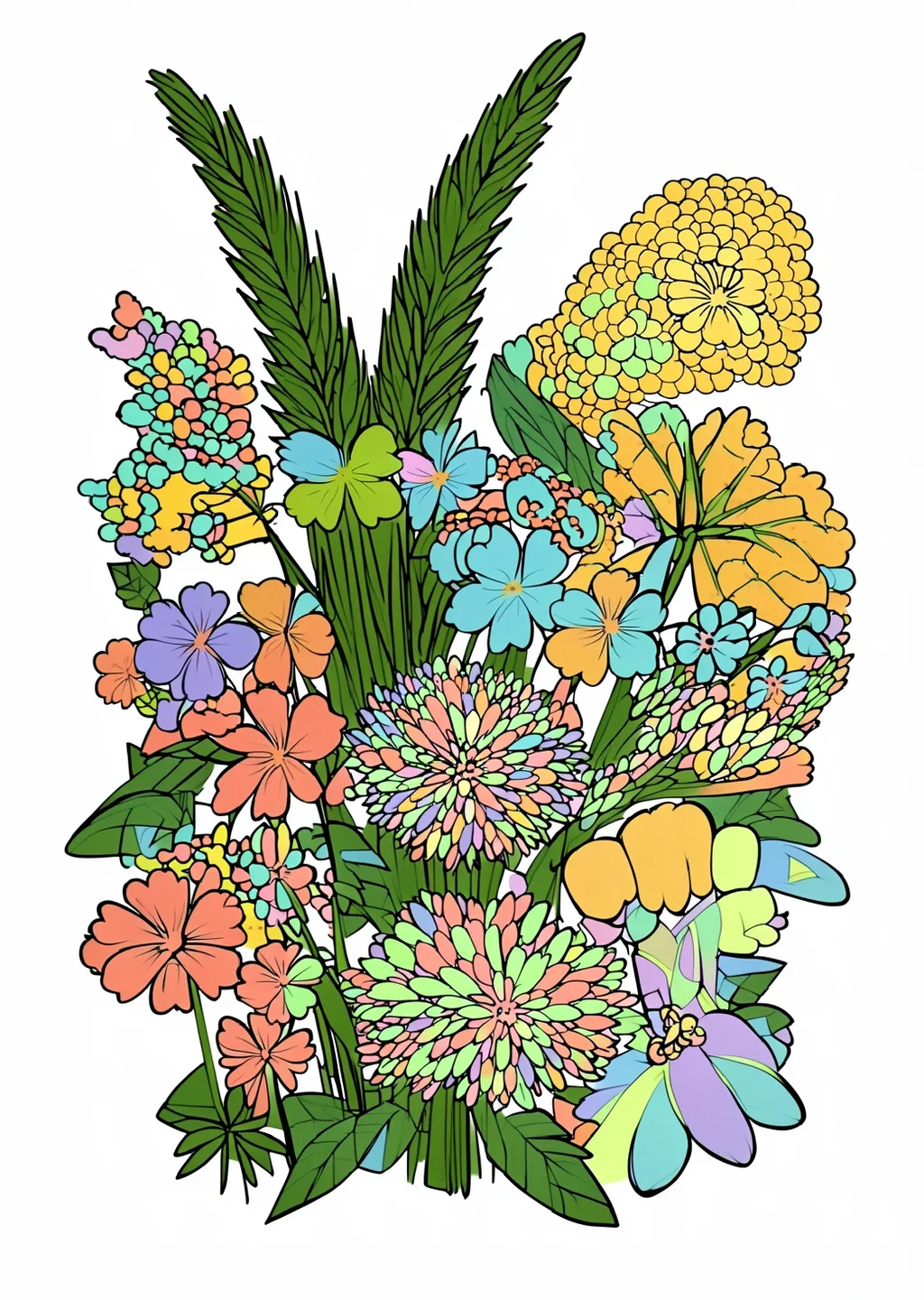 秋の七草の花束の塗り絵（こまかい）の見本