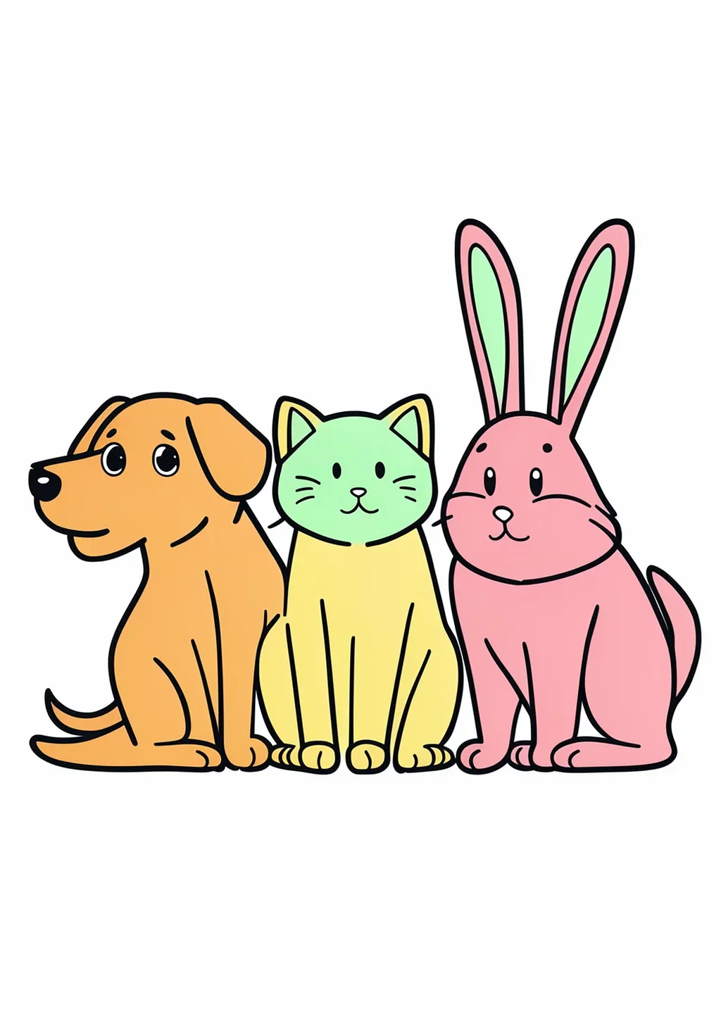 どうぶつなかよし（犬・猫・うさぎ）の塗り絵の見本