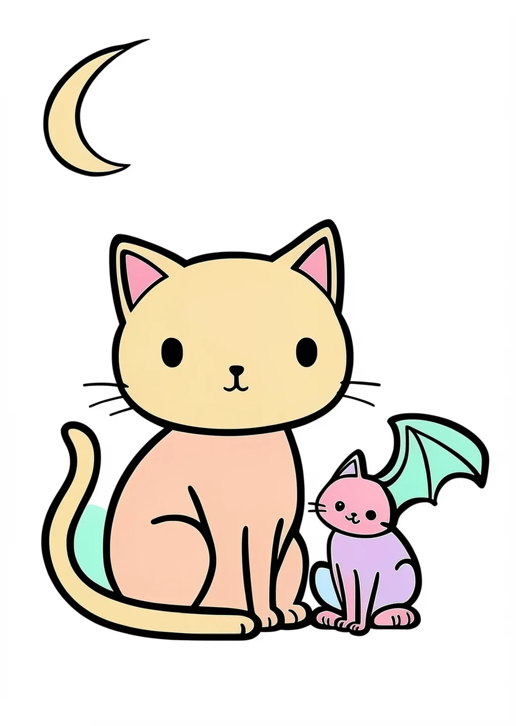ハロウィン・黒猫とこうもりの塗り絵の見本