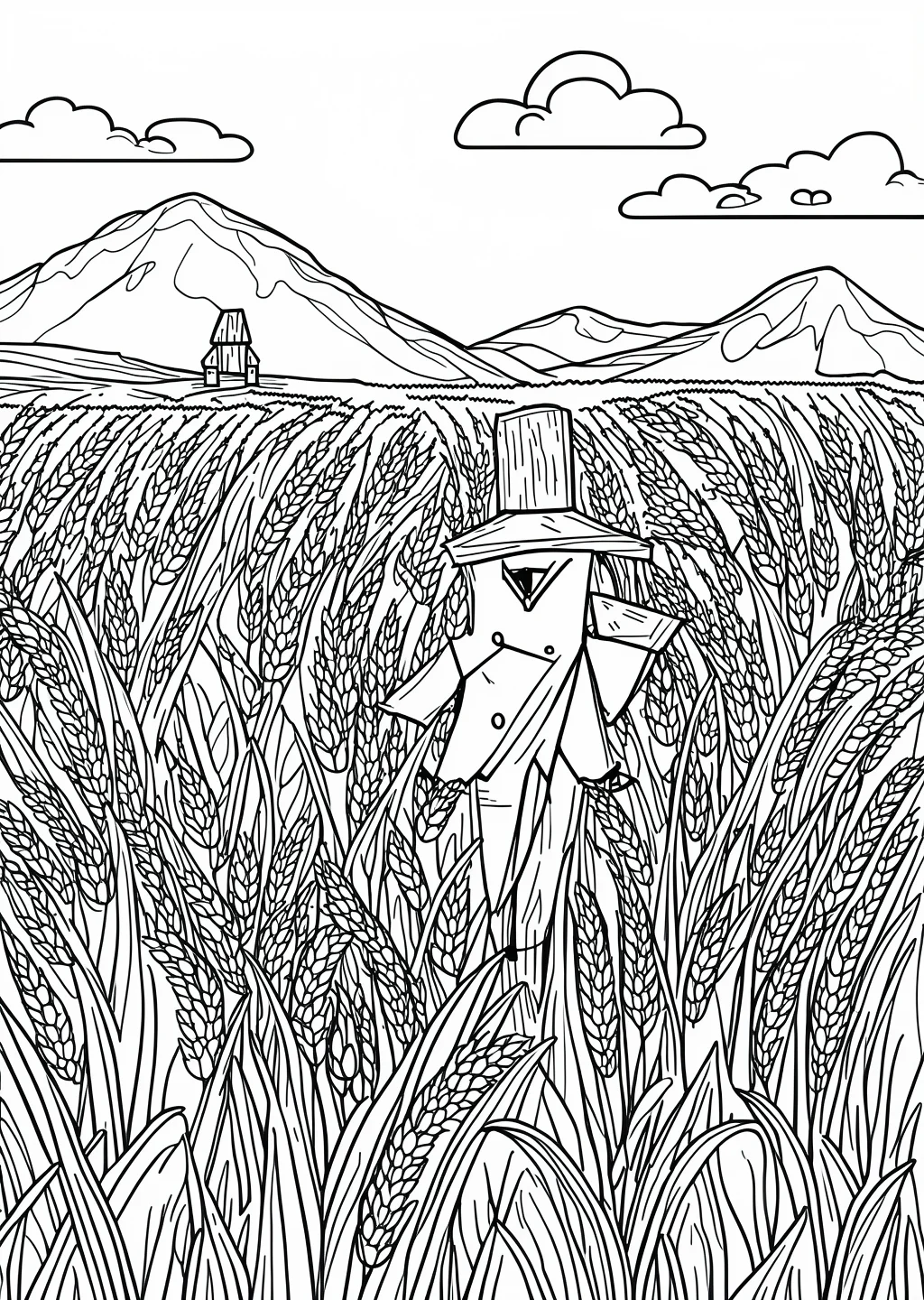 かかしと田んぼの塗り絵（こまかい）