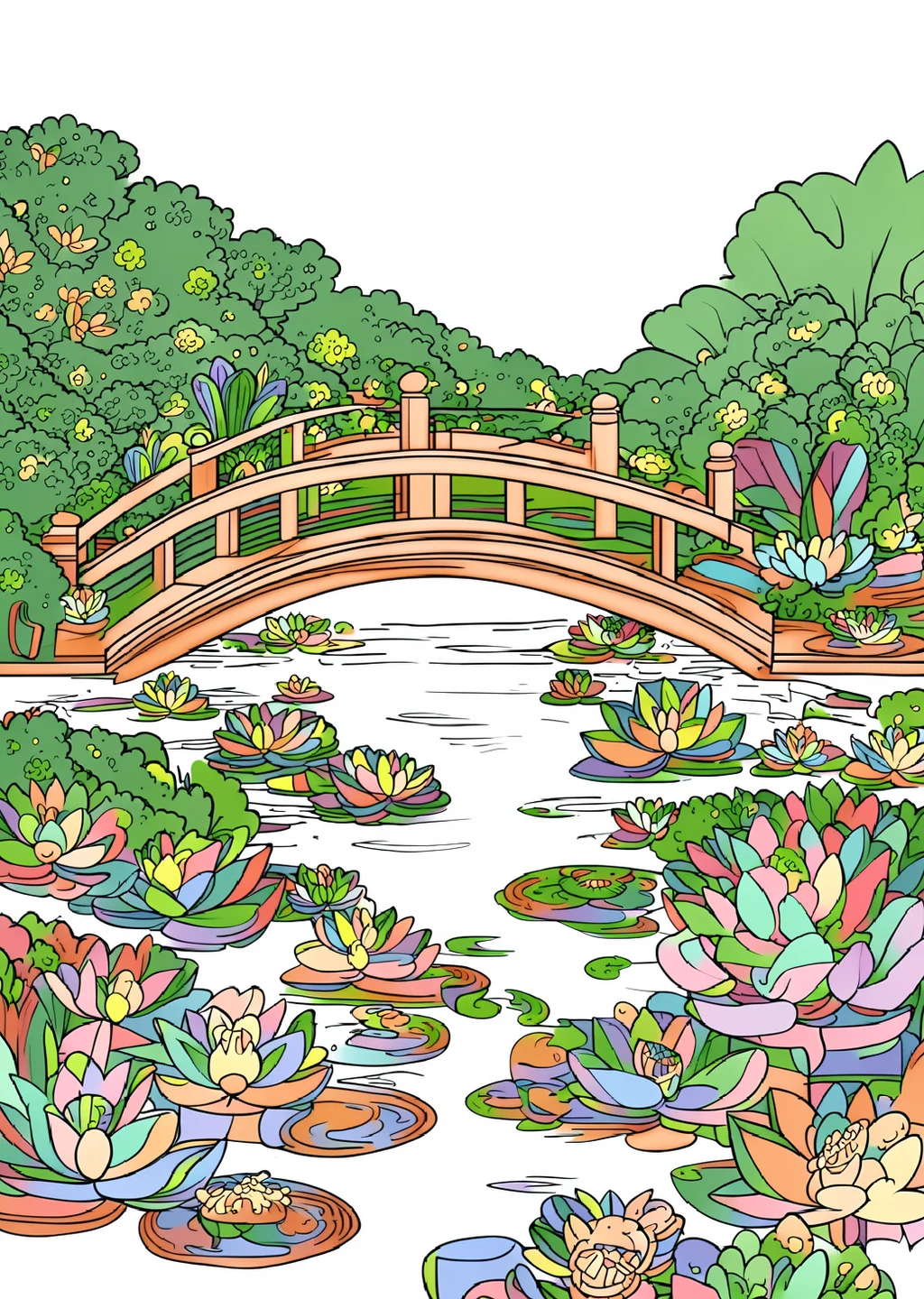 睡蓮の池の橋の塗り絵の見本