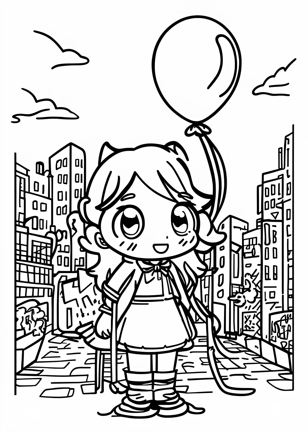 赤い風船の少女の塗り絵
