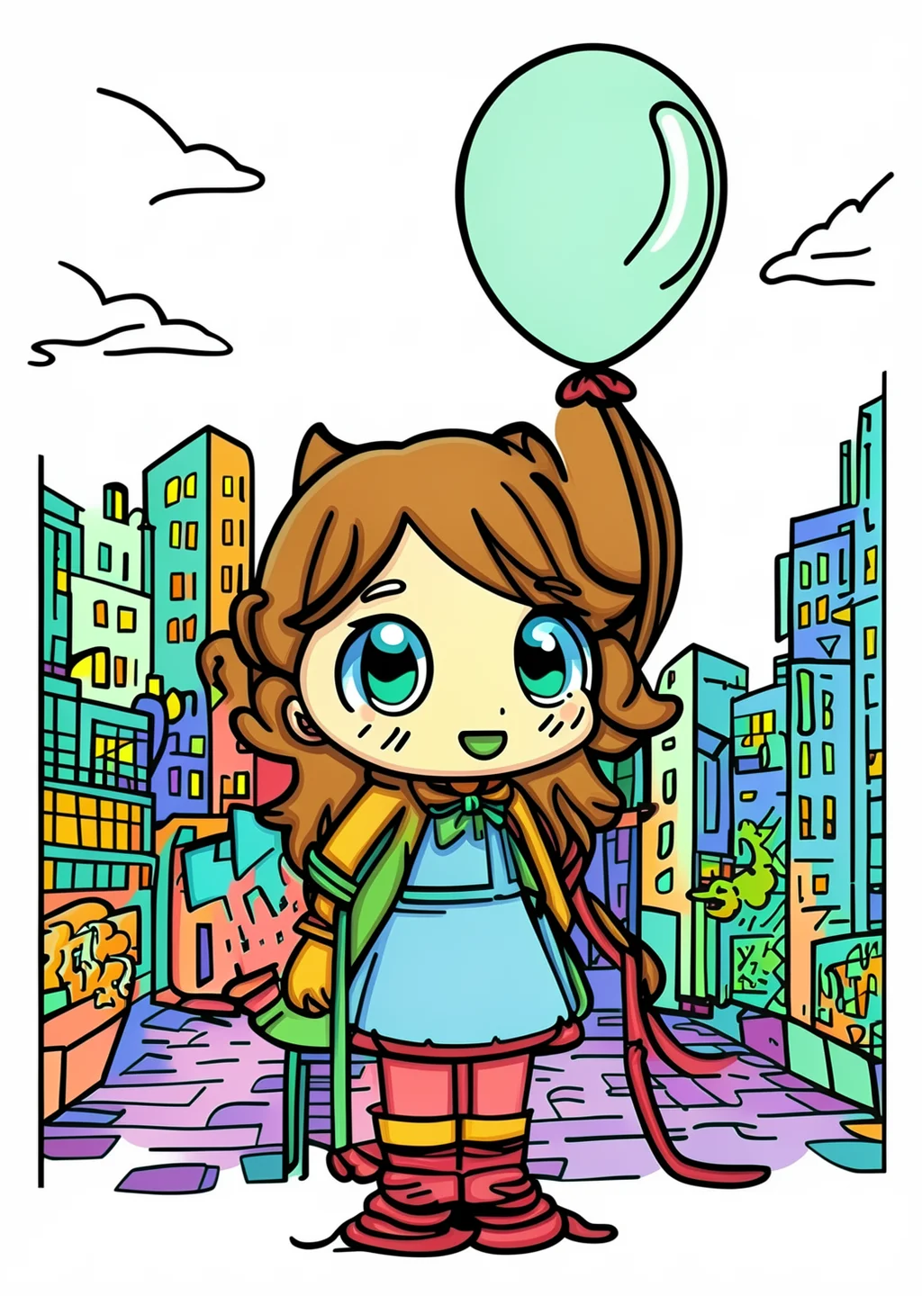 赤い風船の少女の塗り絵の見本