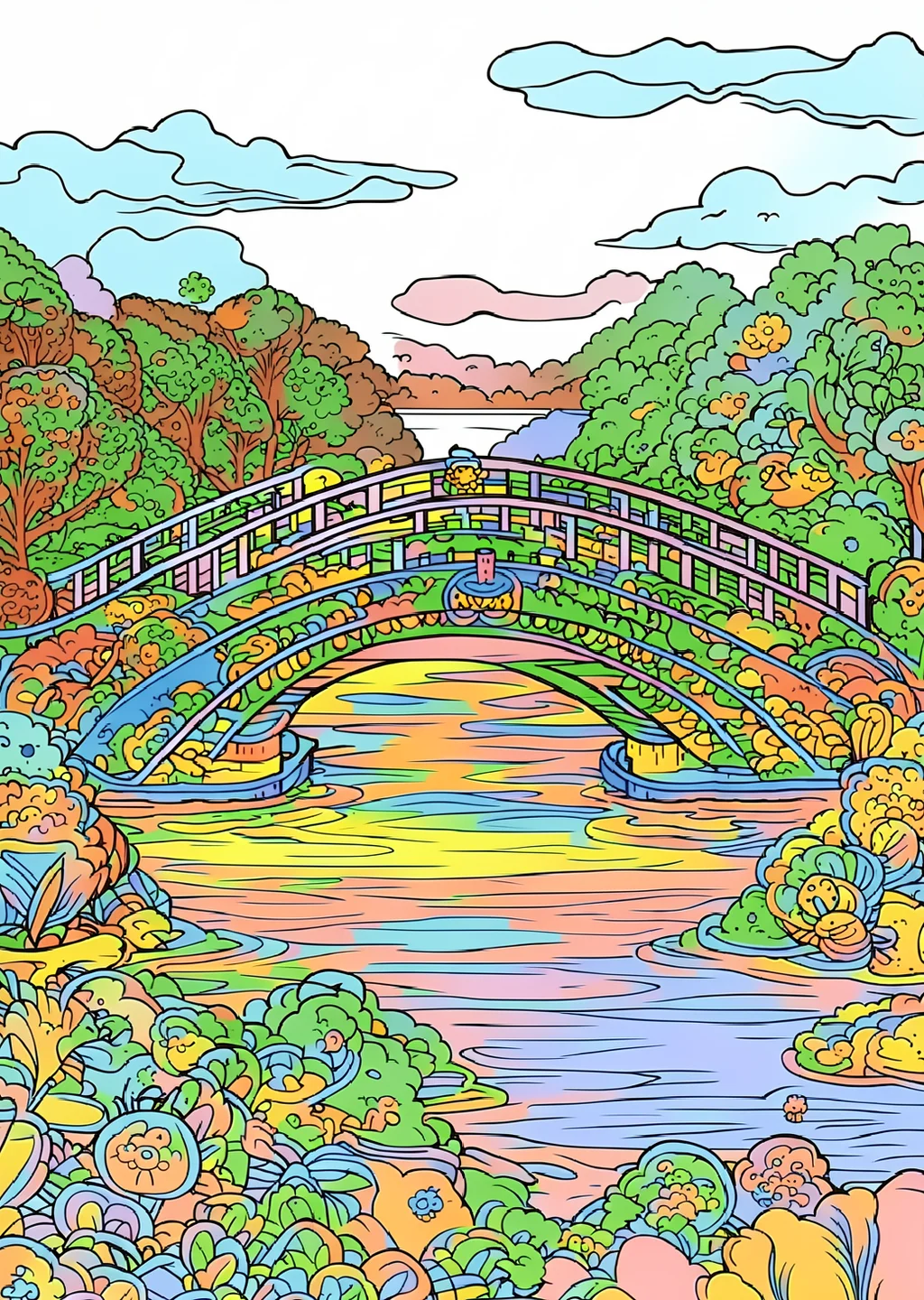 モネ風・水辺の橋の塗り絵の見本