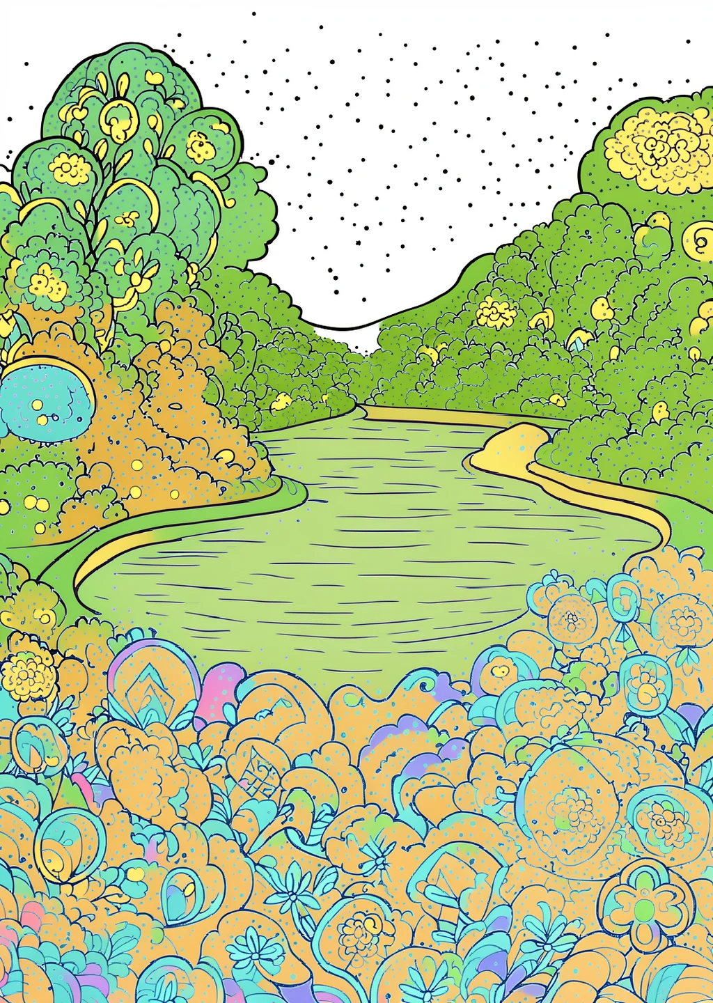 スーラ風・湖の塗り絵の見本