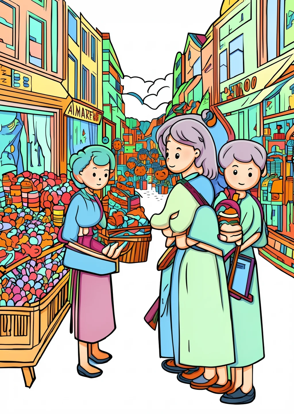 モリゾー風・市場の塗り絵の見本