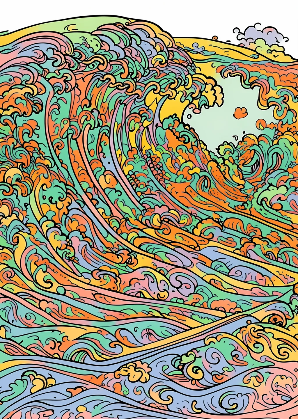 クールベ風・波の塗り絵の見本